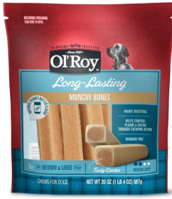 Ol' Roy Long-Lasting Natural Peanut Butter Flavor Munchy Bones Chews for Dogs, 7 count, 20 oz